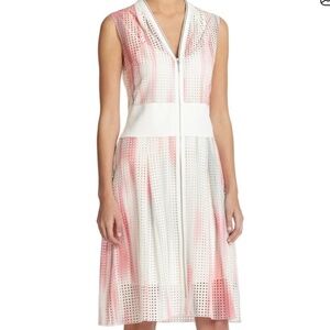 ELIE TAHARI zip up eyelet dress pleated skirt white pleather details sz 2